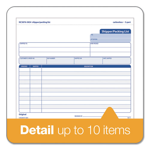 Image of TOPS 3834 Triplicate Snap-Off Shipper/Packing List, Three-Part Carbonless, 8.5 x 7, 50 Forms Total