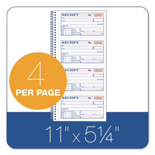 Image of TOPS 4161 Spiralbound Money and Rent Receipt Book, Two-Part Carbonless, 4.75 x 2.75, 4 Forms/Sheet, 200 Forms Total