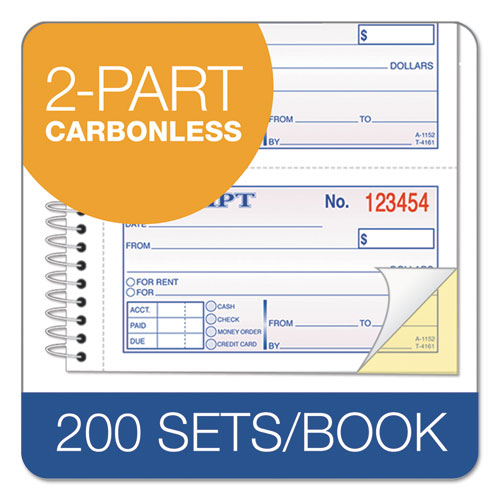 Image of TOPS 4161 Spiralbound Money and Rent Receipt Book, Two-Part Carbonless, 4.75 x 2.75, 4 Forms/Sheet, 200 Forms Total