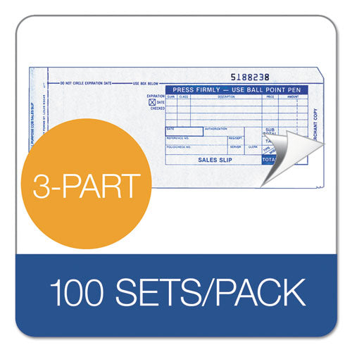 Image of TOPS 38538 Credit Card Sales Slip, Three-Part Carbonless, 7.78 x 3.25, 100 Forms Total