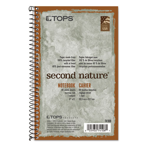 Image of TOPS 74108 Second Nature Single Subject Wirebound Notebooks, Narrow Rule, Green Cover, (80) 8 x 5 Sheets