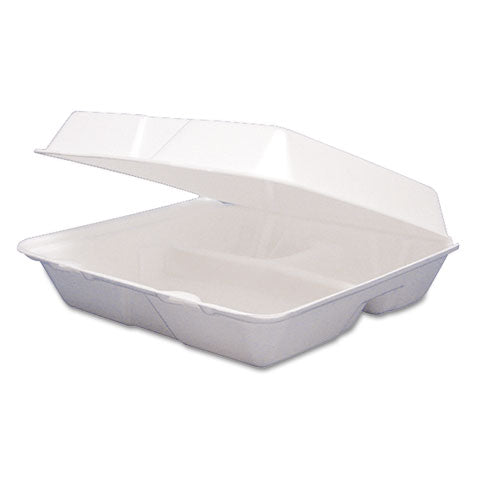 Image of Dart® 95HT3R Foam Hinged Lid Containers, 3 Compartments, 9.25 x 9.5 x 3, White, 100/Sleeve, 2 Sleeves/Carton