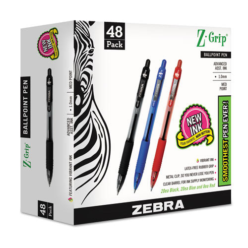Image of Zebra® 22048 Z-Grip Ballpoint Pen, Retractable, Medium 1 Mm, Assorted Ink And Barrel Colors, 48/pack