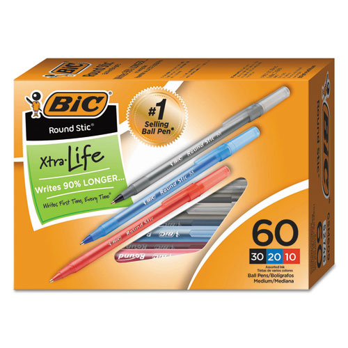 Image of BIC® GSM609AST Round Stic Xtra Precision Ballpoint Pen Value Pack, Stick, Medium 1 Mm, Assorted Ink And Barrel Colors, 60/pack