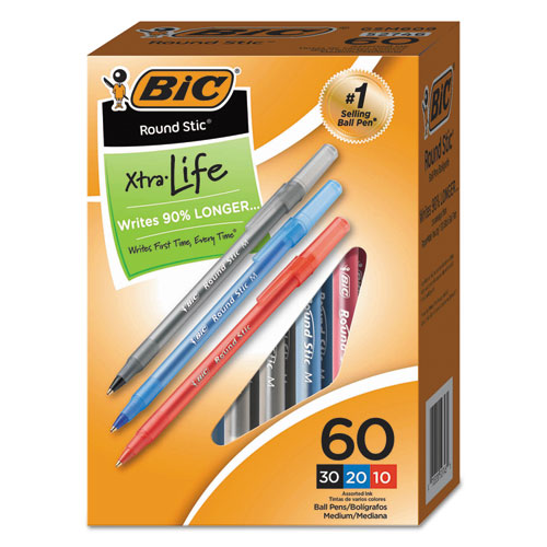 Image of BIC® GSM609AST Round Stic Xtra Precision Ballpoint Pen Value Pack, Stick, Medium 1 Mm, Assorted Ink And Barrel Colors, 60/pack