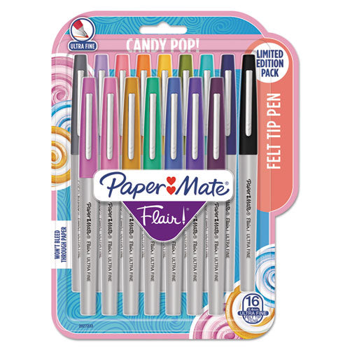 Image of Paper Mate® 2027233 Flair Felt Tip Porous Point Pen, Stick, Extra-Fine 0.4 Mm, Assorted Ink Colors, Gray Barrel, 16/pack