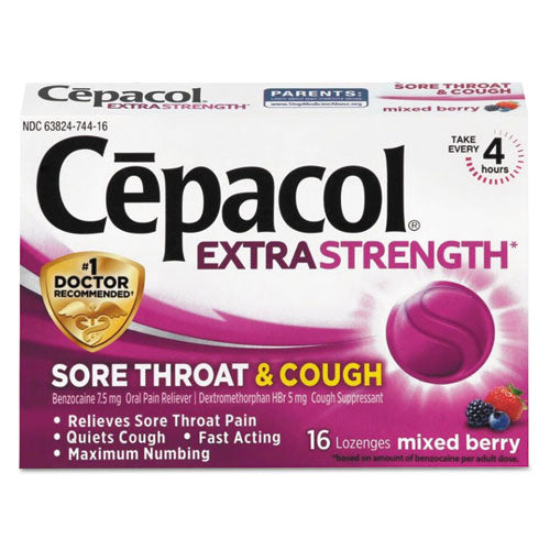 Image of Cepacol® 63824-74016 Extra Strength Sore Throat and Cough Lozenges, Mixed Berry, 16/Pack, 24 Packs/Carton