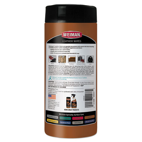 Image of WEIMAN® WMN91 Cleaning Wipes, f/Leather, 7"x8", 30/Can, White