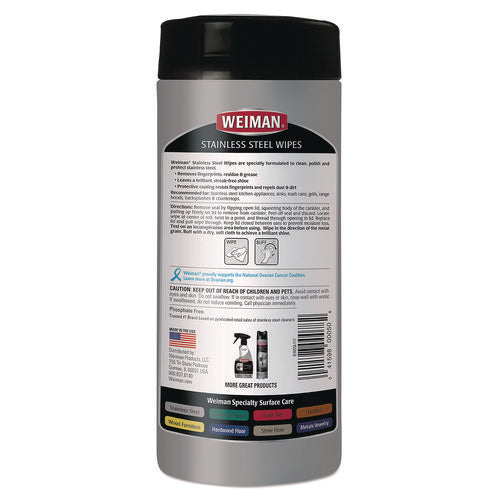 Image of WEIMAN® 92A Stainless Steel Wipes, 1-Ply, 7 x 8, White, 30/Canister