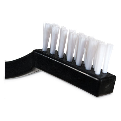 Image of Carlisle 4067400 Flo-Pac Utility Toothbrush Style Maintenance Brush, White Nylon Bristles, 7.25" Brush, 7" Black Polypropylene Handle