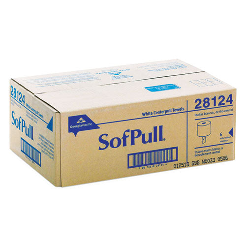 Image of Georgia Pacific® Professional 28124 SofPull CenterPull Perforated Paper Towels, 1-Ply, 7.8 x 15, White, 320/Roll, 6 Rolls/Carton