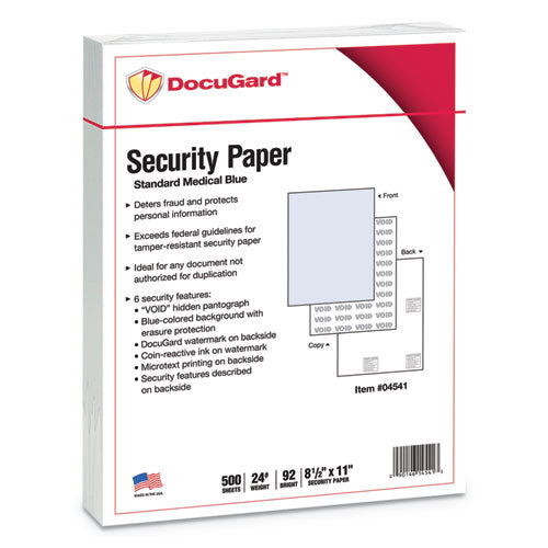 Image of DocuGard PRB04541 Medical Security Papers, 24-lb Bond Weight, 8.5 x 11, Blue, 500/Ream