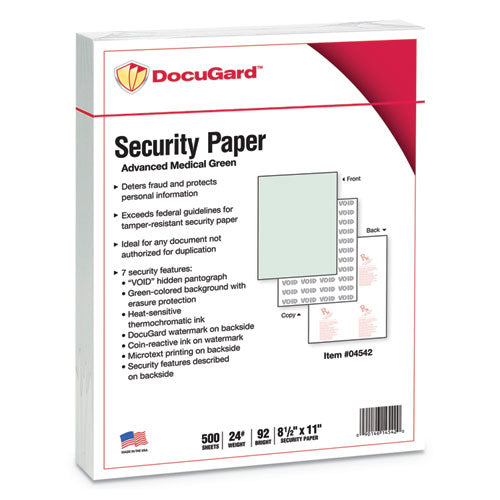 Image of DocuGard 04542 Medical Security Papers, 24 lb Bond Weight, 8.5 x 11, Green, 500/Ream