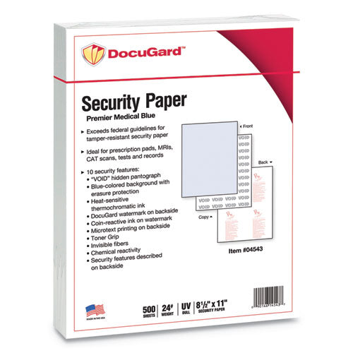 Image of DocuGard 04543 Medical Security Papers, 24 lb Bond-Weight, 8.5 x 11, Blue, 500/Ream