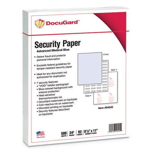 Image of DocuGard PRB04545 Medical Security Papers, 24 lb Bond Weight, 8.5 x 11, Blue, 500/Ream
