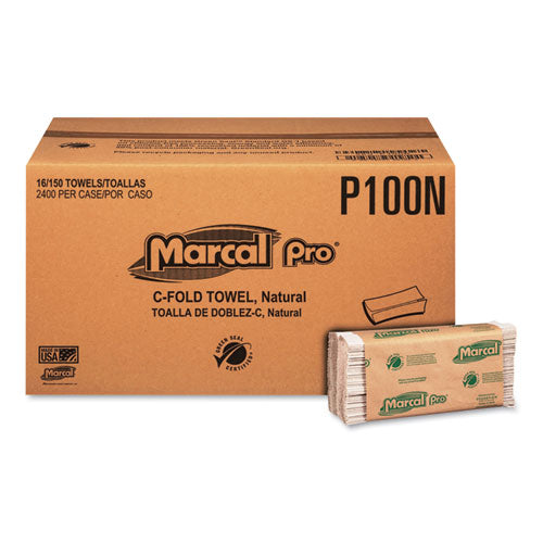 Image of Marcal PRO P100N 100% Recycled Folded Paper Towels, 1-Ply, 12.88  x 10.13, Natural, 150/Pack, 16 Packs/Carton