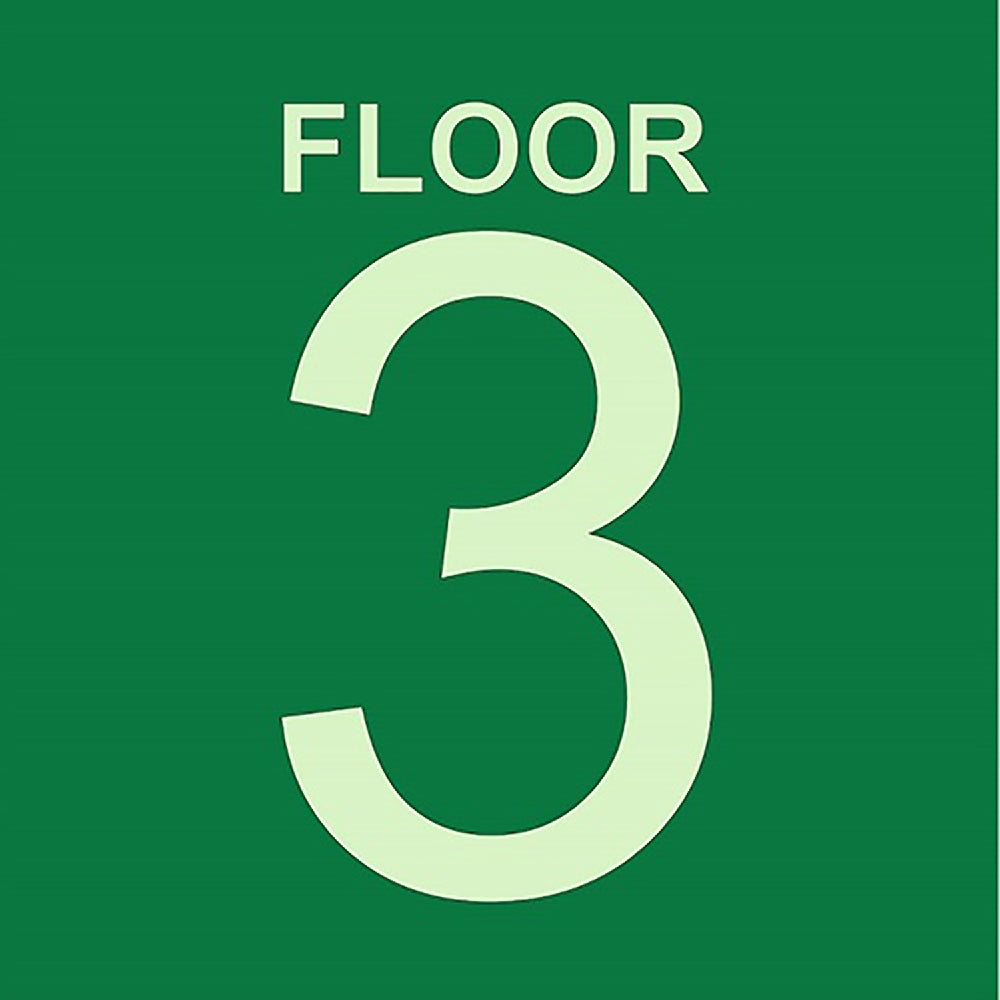 Photoluminescent Stairwell Identifier "FLOOR 3" Sign, 8" x 8"