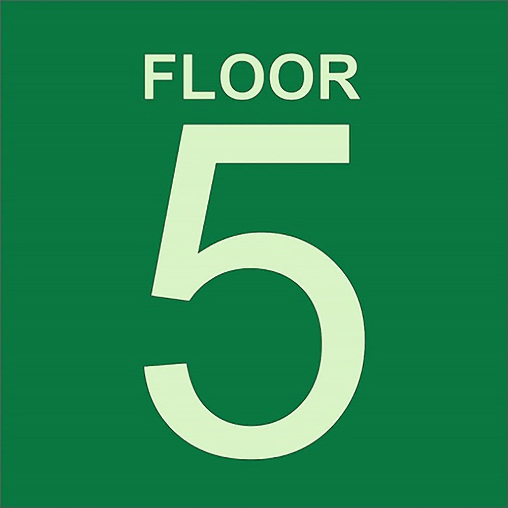 Photoluminescent Stairwell Identifier "FLOOR 5" Sign, 8" x 8"