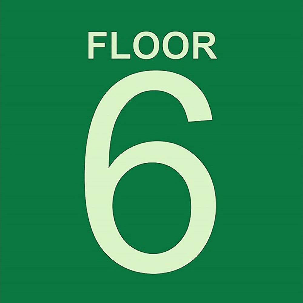 Photoluminescent Stairwell Identifier "FLOOR 6" Sign, 8" x 8"