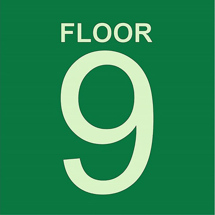 Photoluminescent Stairwell Identifier "FLOOR 9" Sign, 8" x 8"