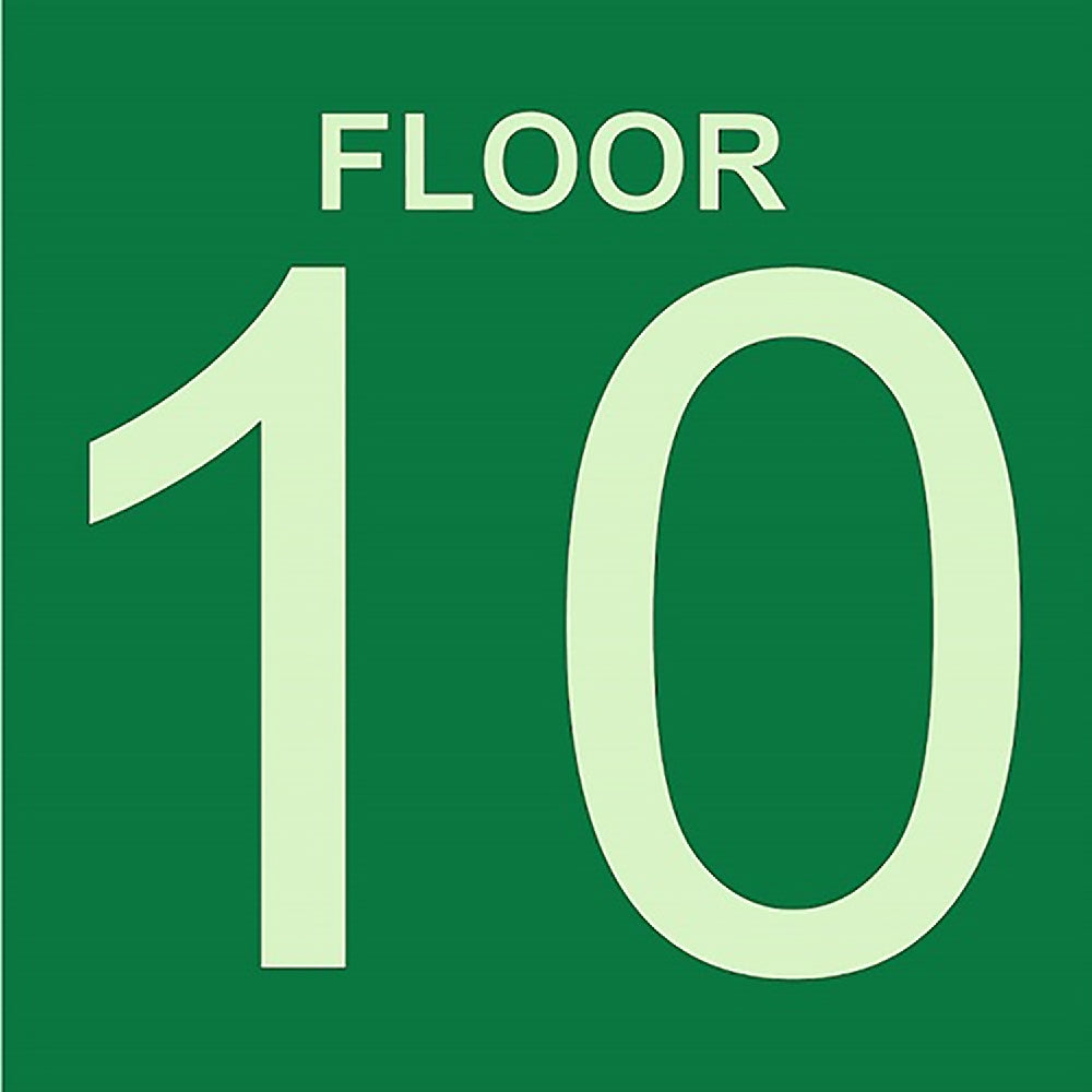 Photoluminescent Stairwell Identifier "FLOOR 10" Sign, 8" x 8"