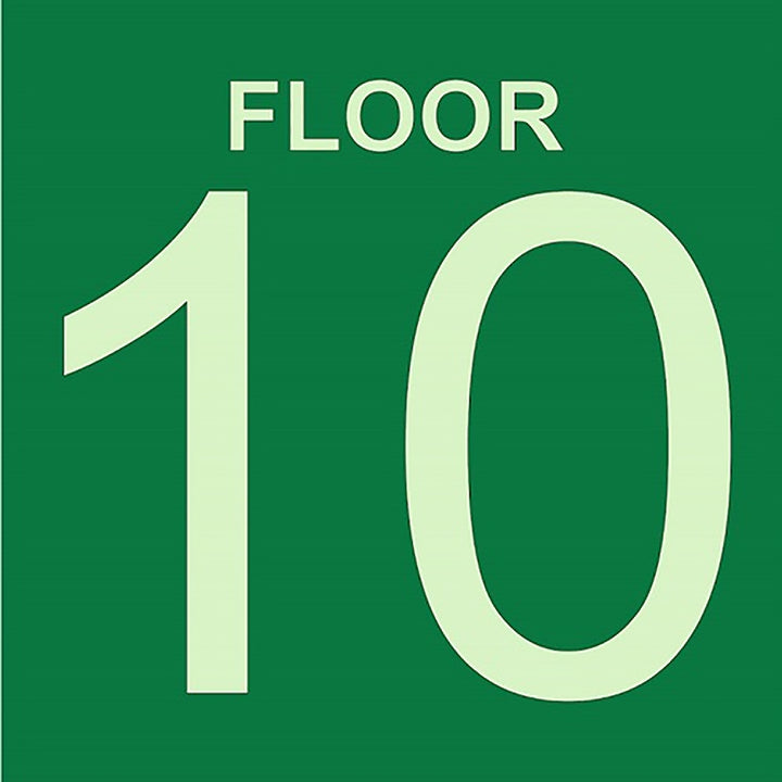 Photoluminescent Stairwell Identifier "FLOOR 10" Sign, 8" x 8"