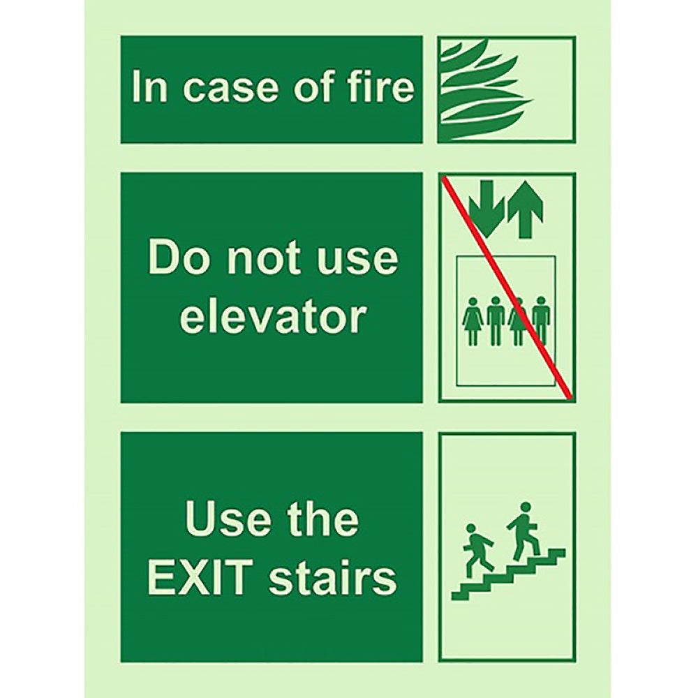 Photoluminescent "IN CASE OF FIRE" Sign, 12" x 9"