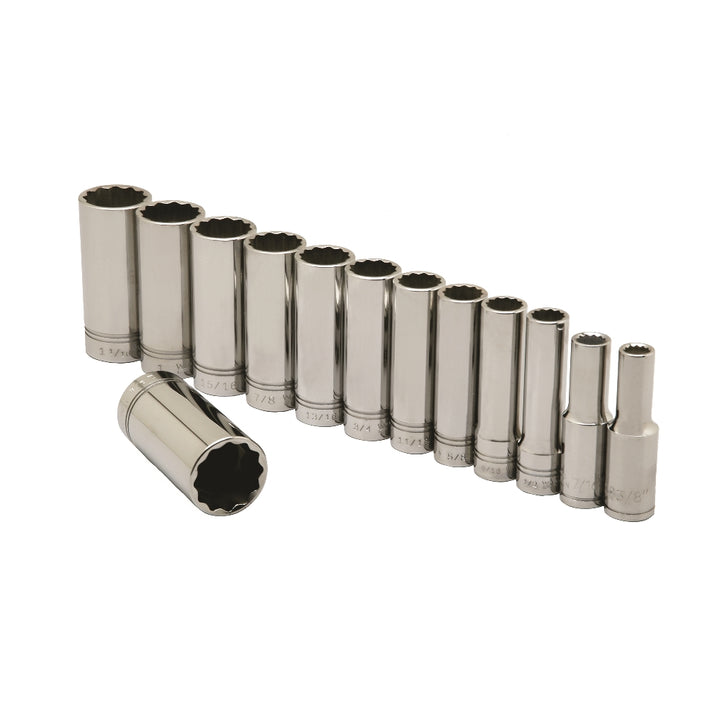 Image of SKILCRAFT® Pro-Grade Socket Set, 1/2" Drive SAE 12-Point Sockets, Deep, 13 Piece Set
