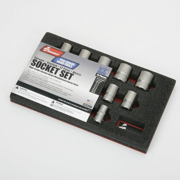 Image of SKILCRAFT® Pro-Grade Socket Set, 1/2" Drive Shallow Metric 12-Point Fasteners, 13 Piece Set