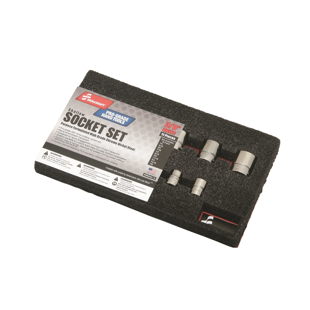 Image of SKILCRAFT® Pro-Grade Socket Set, 3/8" Drive SAE 12-Point Sockets, Shallow, 11 Piece Set