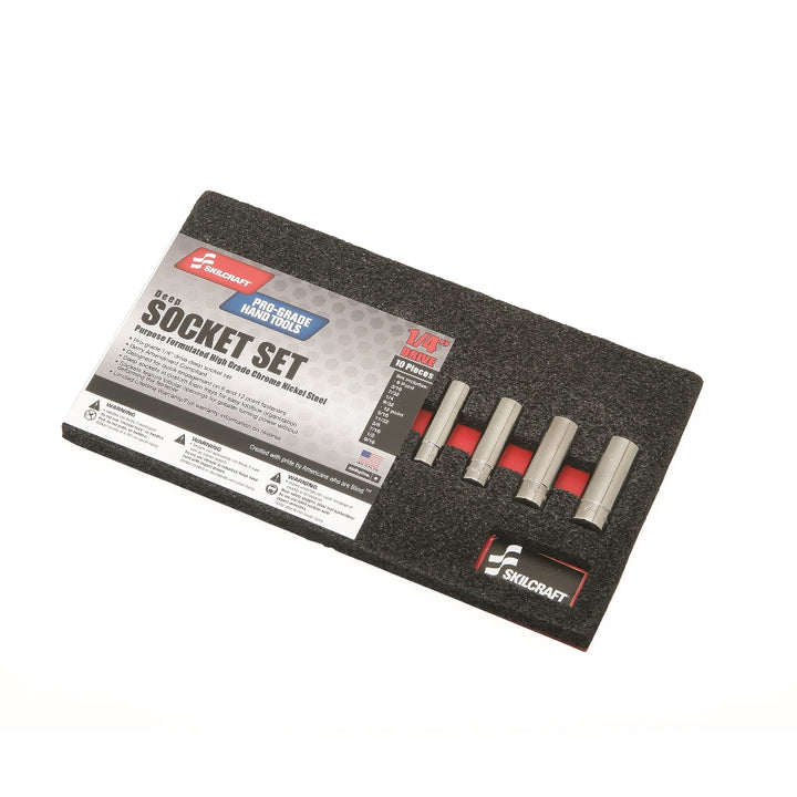 Image of SKILCRAFT® Pro-Grade Socket Set, 1/4" Drive SAE 6 & 12-Point Sockets, Deep, 10 Piece Set