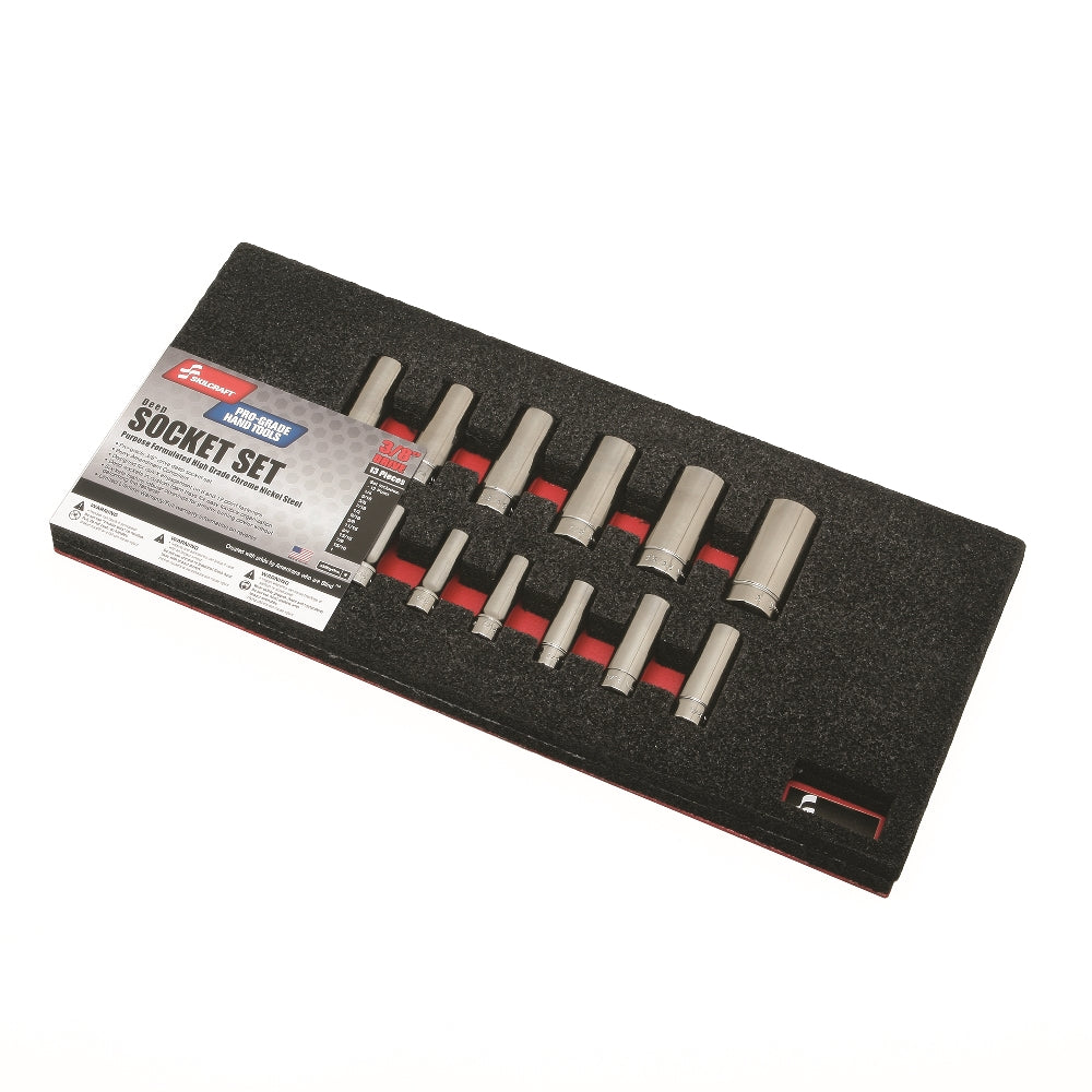 Image of SKILCRAFT® Pro-Grade Socket Set, 3/8" Drive SAE 12-Point Sockets, Deeps, 13 Piece Set
