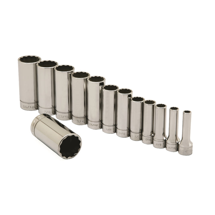 Image of SKILCRAFT® Pro-Grade Socket Set, 3/8" Drive SAE 12-Point Sockets, Deeps, 13 Piece Set