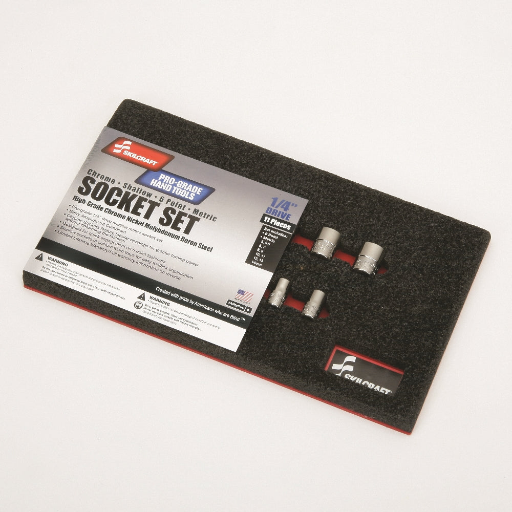 Image of SKILCRAFT® Pro-Grade Socket Set, 1/4" Drive Shallow Metric 6-Point Fastners, 11 Piece Set