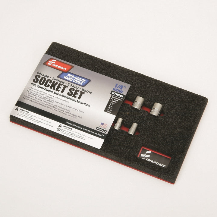 Image of SKILCRAFT® Pro-Grade Socket Set, 1/4" Drive Shallow Metric 6-Point Fastners, 11 Piece Set