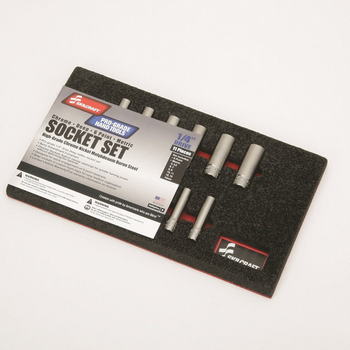 Image of SKILCRAFT® Pro-Grade Socket Set, 1/4" Drive Deep Metric 6-Point Fasteners, 11 Piece Set