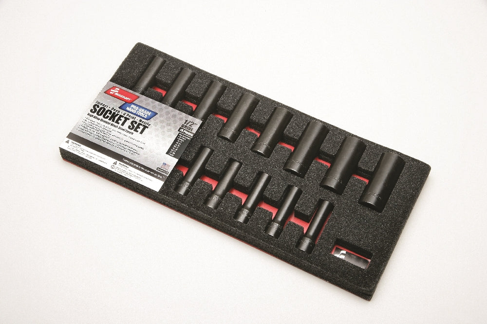 Image of SKILCRAFT® Pro-Grade Impact Socket Set, 1/2" Drive, Deep, Metric, 15 Piece Set
