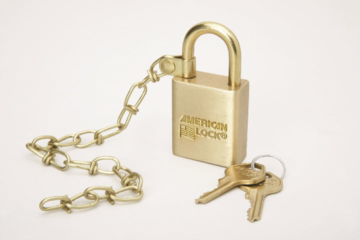 Image of SKILCRAFT® Padlock Set, Solid Case, 1.5" Wide Brass, Grand Master Keyed, w/Chain, 13/Set, 5-5-3 Groupings
