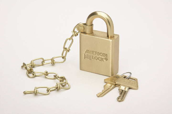 Image of SKILCRAFT® Padlock Set, Solid Case, 1.75" Wide Brass, 3" Extra Long Shackle, Grand Master Keyed, w/Chain, 80/Set, 45-15-20L Groupings