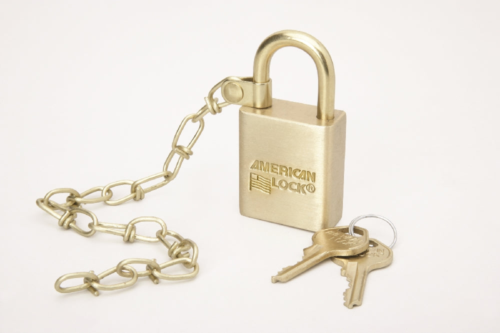 Image of SKILCRAFT® Padlock Set, Solid Case, 1.5" Wide Brass, 3 Keys, Keyed Alike, w/Chain, 5/Set