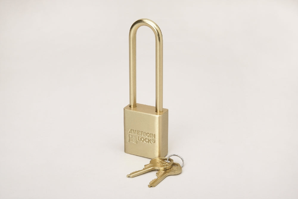 Image of SKILCRAFT® Padlock, Solid Case, 1.5" Wide Brass, Keyed Differently, 3" Extra Long Shackle, No Chain, Each