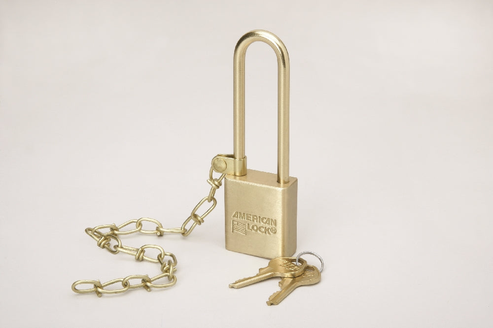 Image of SKILCRAFT® Padlock Set, Solid Case, 1.5" Wide Brass, Keyed Alike, 3" X-Long Shackle, w/Chain, 5/Set