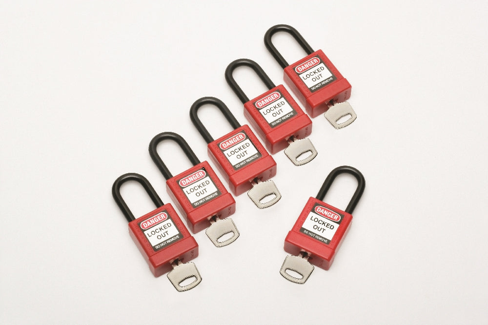 Image of SKILCRAFT® Lockout Safety Padlock, Aluminum, Steel Shackle, 1-1/2" x 1/2" x 3/4", Keyed Alike, Red, Package of 6