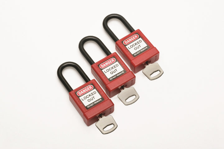 Image of SKILCRAFT® Lockout Safety Padlock, Aluminum, Steel Shackle, 1-1/2" x 1/2" x 3/4", Keyed Alike, Red, Package of 3