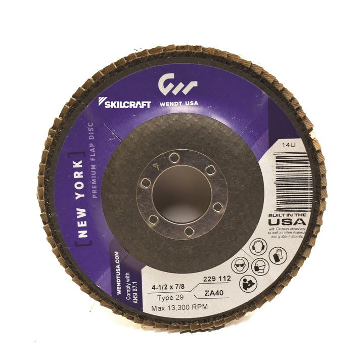 Image of SKILCRAFT® WENDT USA Flap Disc - 4-1/2" x 7/8" - 40 Grit - Type 27 - 10/PG