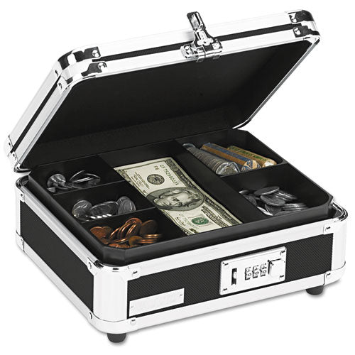 Image of Vaultz® VZ01002 Locking Cash Box, 7 Compartments, Key Lock, 10" x 8.75" x 5", Black/Chrome