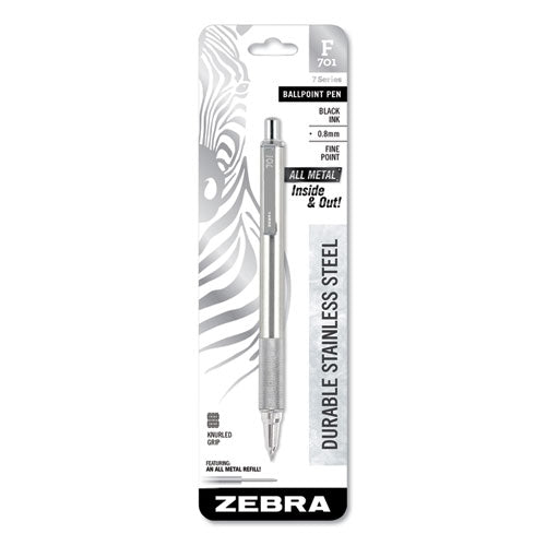 Image of Zebra® 29411 F-701 Ballpoint Pen, Retractable, Fine 0.7 Mm, Black Ink, Stainless Steel/black Barrel