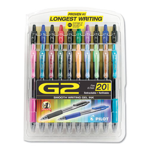 Image of Pilot® 31294 G2 Premium Gel Pen Convenience Pack, Retractable, Fine 0.7 mm, Assorted Ink and Barrel Colors, 20/Pack