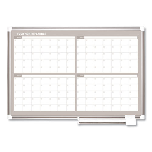 Image of MasterVision® GA03105830 Magnetic Dry Erase Calendar Board, Four-Month Planning/Scheduling, 36" x 24", White Surface, Satin Aluminum Frame