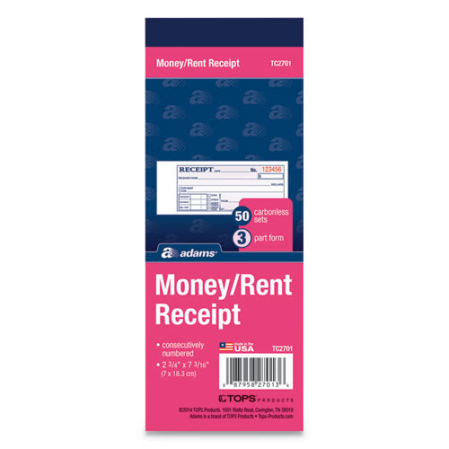 Image of Adams® TC2701 Receipt Book, Three-Part Carbonless, 2.75 x 7.19, 50 Forms Total